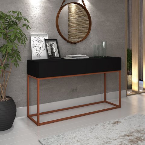 Aparador Buffet Bancada Eros 110cm Preto Fosco 2 Gavetas para Recepção Escritorio Pé de Ferro Cobre