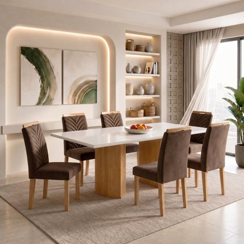 Conjunto Sala de Jantar 6 Lugares Retangular Tampo Vidro MDF 160x80cm Mesa Isla e Cadeiras Carol