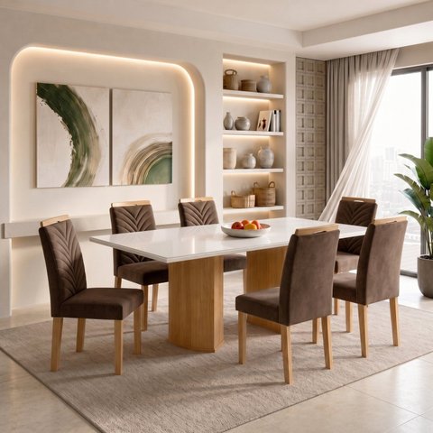 Conjunto Sala de Jantar 6 Lugares Retangular Tampo Vidro MDF 160x80cm Mesa Isla e Cadeiras Carol