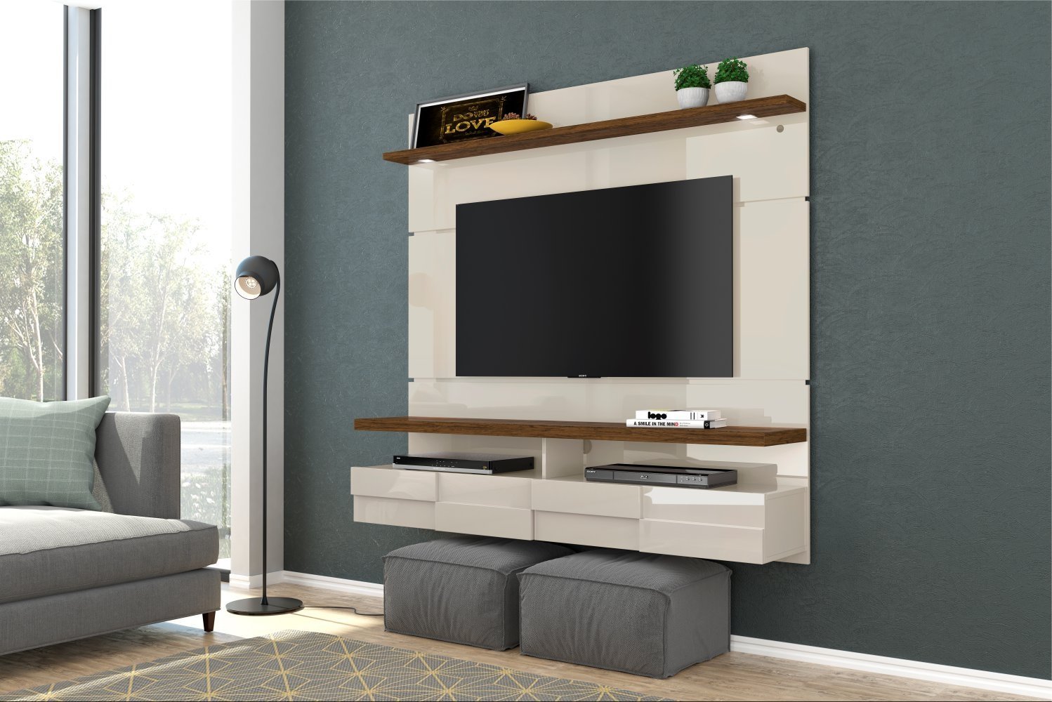 Painel para TV com Portas e LED Verena 1.6 Off White Savana - 3