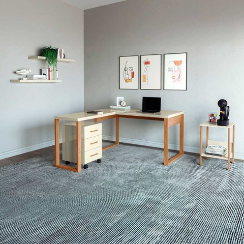 Mesa Escritório C/ Gaveteiro Mesa Auxiliar e Prateleiras Mdf Cor:off White com Freijó