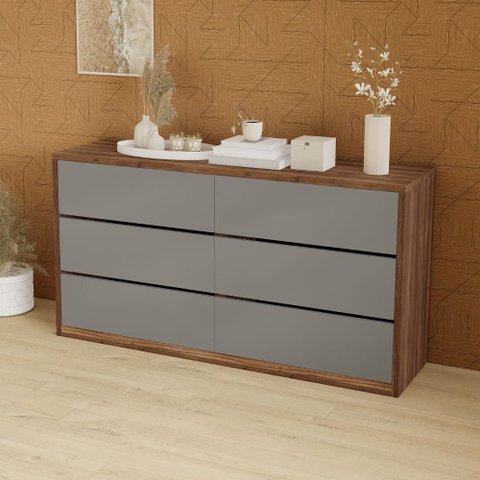 Cômoda para Quarto com 6 Gavetas 180 Cm 100% Mdf Casa Lar Cor:nogueira Cadiz com Cinza Sagrado