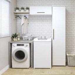 Lavanderia Modulada Bauru 1 Armário Multiuso e Armário Aéreo Branco Kaiki Móveis - 1