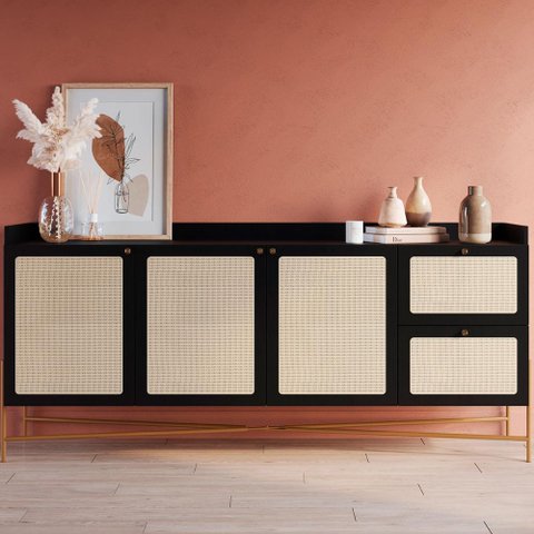 Buffet Industrial Retrô Tela Sintética 3 Portas e 2 Gavetas Cor:nero com Dourado