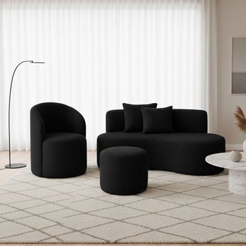 Conjunto 01 Poltrona + Sofá e 1 Puff Curvo Orgânico Nature Gaia Boucle Preto - Montanaris Decor