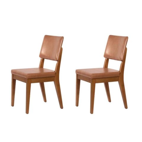 Kit de 2 Cadeiras de Madeira Maciça Estofada Ella - Natural C/ Pu Caramelo