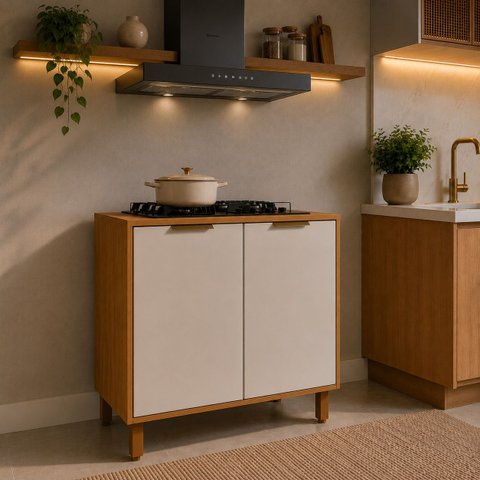 Balcão para Cooktop Toronto 4 e 5 Bocas 80cm 2 Portas Cozinha Freijó com Offwhite - Rede Móveis