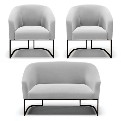 Namoradeira e 2 Poltronas Industrial Preto Stella Suede D03 - D’Rossi