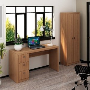 Kit 2 Peças Escrivaninha 3 Gavetas e Armário Multiuso para Escritório 2 Portas