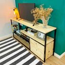 Ver imagem 2 de Rack de TV Style Industrial de Ferro e Madeira 1 Nicho Dual de Madeira com Gavetas Natural e Preto