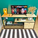 Ver imagem 4 de Rack de TV Style Industrial de Ferro e Madeira 1 Nicho Dual de Madeira com Gavetas Natural e Preto