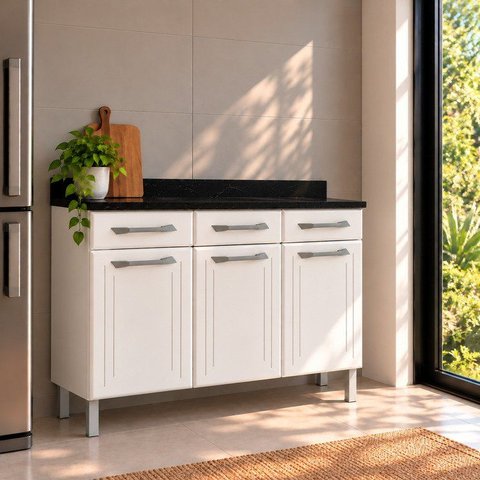Balcão de Cozinha em Aço Triplo com Tampo Topázio Branco