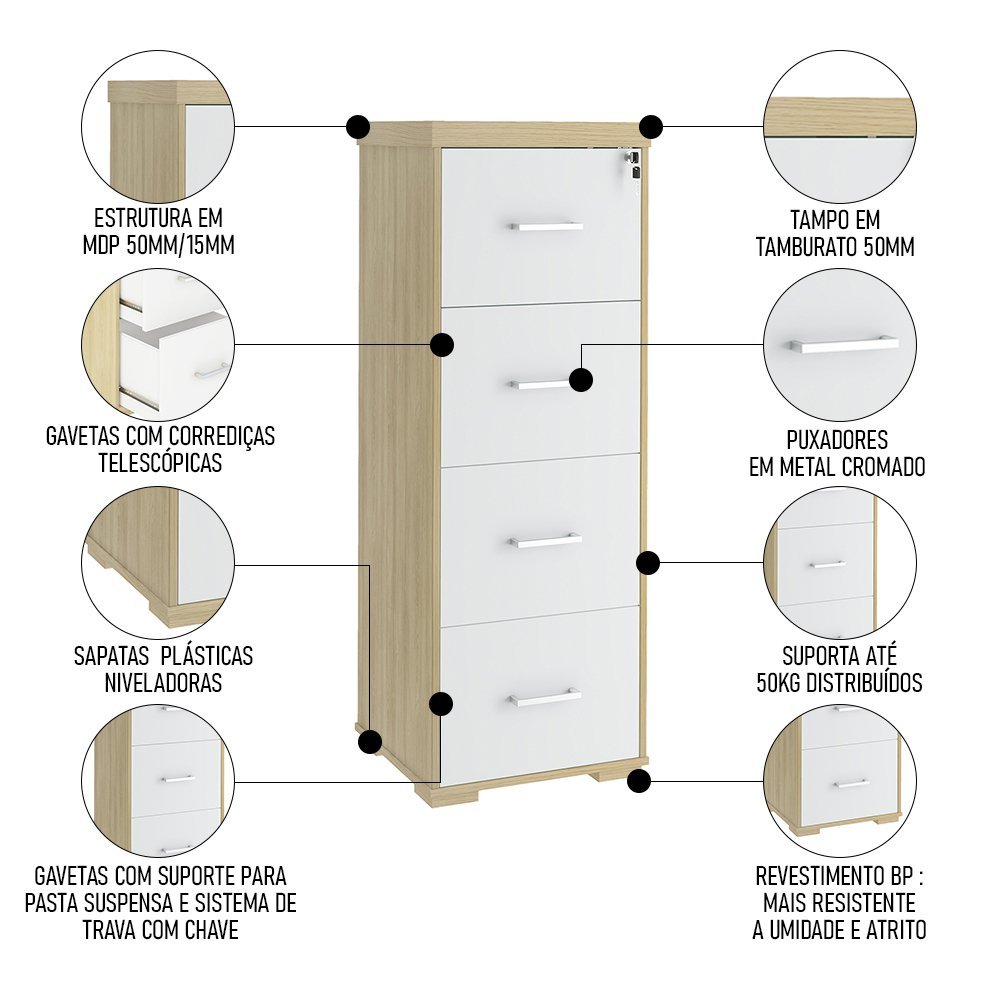 Armário Arquivo Pasta Suspensa 4 Gavetas Corp A06 Carvalho/branco - Mpozenato - 3