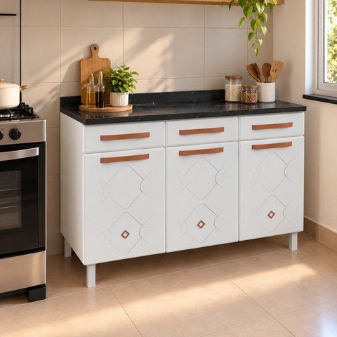 Balcão de Cozinha em Aço Triplo com Tampo 3 Portas 3 Gavetas Mirage New Branco