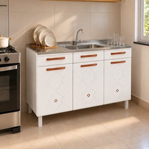 Balcão de Cozinha em Aço Triplo para Pia Mirage New Branco