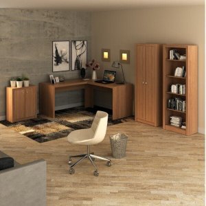 Kit 4 peças com Escrivaninha, Estante, Armário Multiuso Alto e Armário Multiuso Baixo