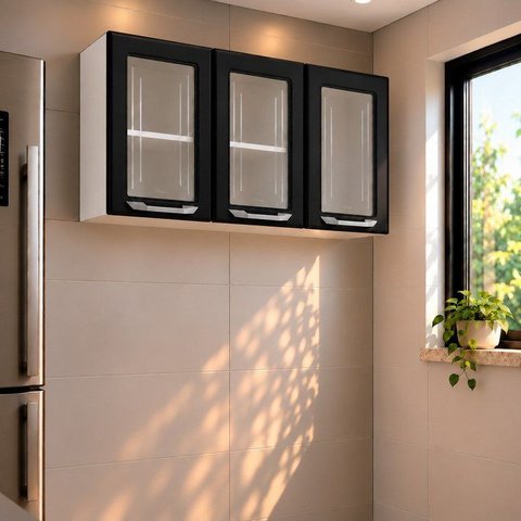 Armário de Cozinha em Aço Aéreo Triplo Topázio Preto/Branco