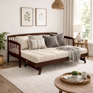 Sofá Cama 100% Madeira Maciça Pinus Auxiliar Bicama Walnut