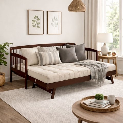 Sofá Cama 100% Madeira Maciça Pinus Auxiliar Bicama Walnut
