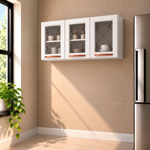 Armário de Cozinha Aéreo Triplo em Aço 3 Portas de Vidro Mirage New Branco