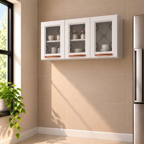 Armário de Cozinha Aéreo Triplo em Aço 3 Portas de Vidro Mirage New Branco
