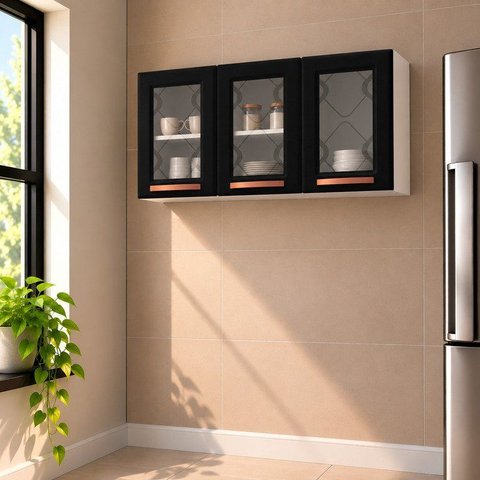 Armário de Cozinha Aéreo Triplo em Aço 3 Portas de Vidro Mirage New Preto/Branco