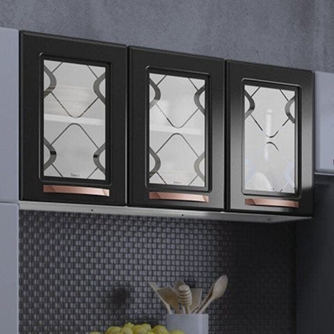 Armário de Cozinha Aéreo Triplo em Aço 3 Portas de Vidro Mirage New Preto/Branco