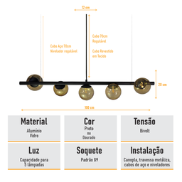 Lustre Pendente Figo Preto - 5 Globos Esfera de Vidro Âmbar - 5