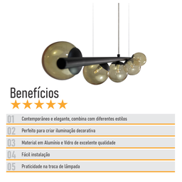 Lustre Pendente Figo Preto - 5 Globos Esfera de Vidro Âmbar - 6