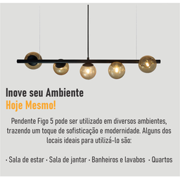 Lustre Pendente Figo Preto - 5 Globos Esfera de Vidro Âmbar - 7