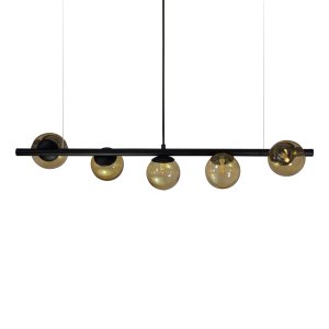 Lustre Pendente Figo Preto - 5 Globos Esfera de Vidro Âmbar