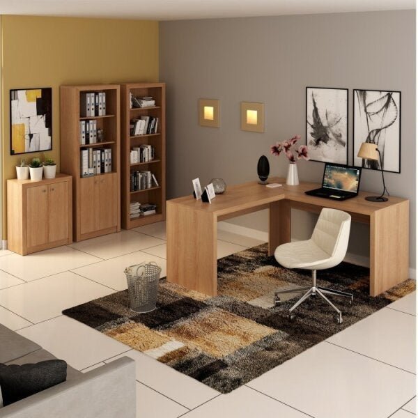 Conjunto Home Office 4 peças com 1 Escrivaninha em L 2 Estantes e 1 Balcão Tecno Mobili