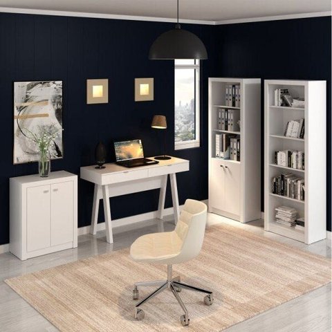 Conjunto 4 Peças com Escrivaninha, Armário Alto, Estante Livreiro e Balcão 2 Portas Branco
