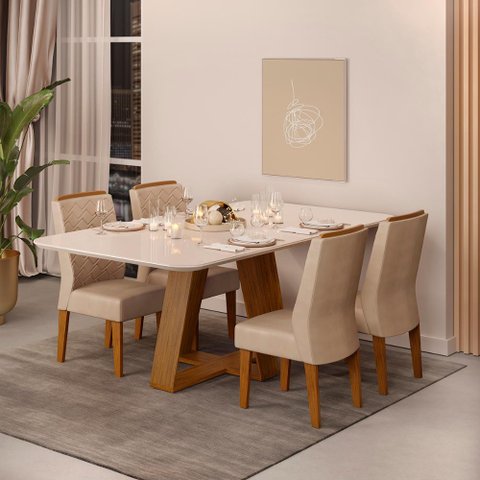 Conjunto Sala de Jantar Mesa Tampo Vidro 4 Cadeiras Dj Móveis Freijó Kiara Kraft Lidia