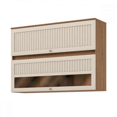 Armário Aéreo Cozinha 120 Cm Requinte 2 Portas Ripado com Vidro Nature/areia Hp - Henn