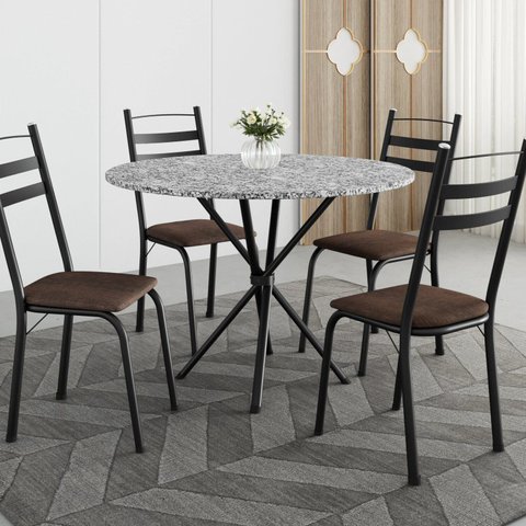 Conjunto Sala de Jantar Mesa Redonda 80cm Tampo Granito com 4 Cadeiras Milla Preto/Imbuia/Ocre
