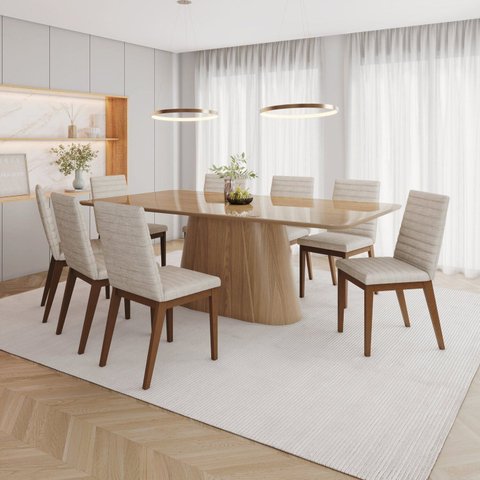 Conjunto Mesa Olívia 200cm com Vidro 8 Cadeiras Elena Off White/Nature/Caramelo/Creme