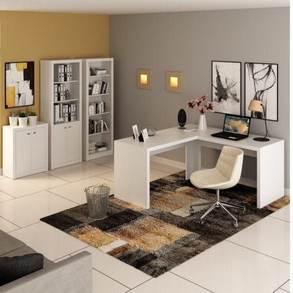 Conjunto Home Office 4 peças com 1 Escrivaninha em L 2 Estantes e 1 Balcão Tecno Mobili
