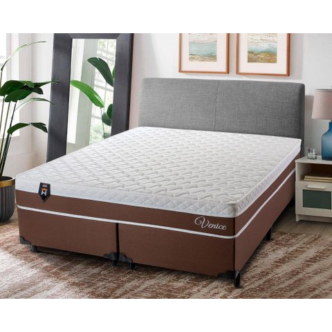 Conjunto Cama Box King Size Venice 193x203x60 Marrom/Branco c/Molas Ensacadas