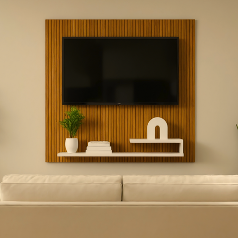 Rack Estante para TV Moderno Ripado 3D Decorativo c/ Prateleira Off White Bege Quarto Sala de Estar