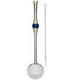 Bomba de Chimarrão Inox 23cm Bojo Rosca Mil Furos Pedra Azul - 1