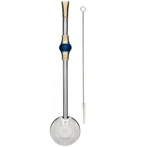 Bomba de Chimarrão Inox 23cm Bojo Rosca Mil Furos Pedra Azul