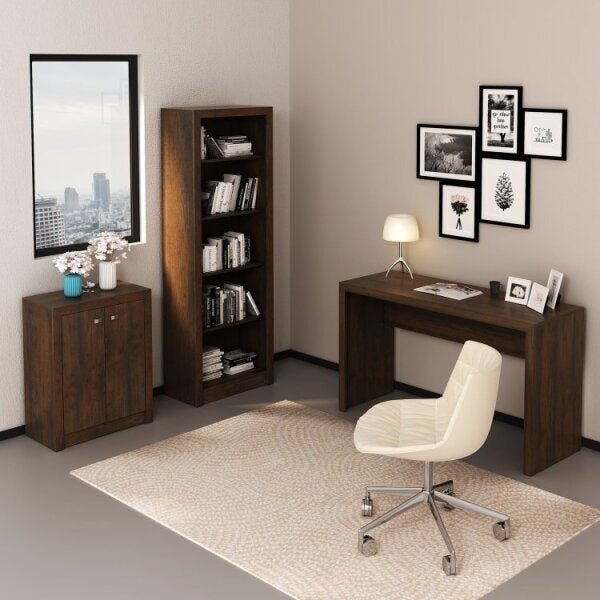 Conjunto Home Office 3 Peças 1 Escrivaninha 1 Estante e 1 Balcão 2 Portas  - 1