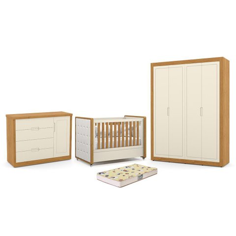 Dormitório Tutto New 4 Portas, Cômoda 1 Porta e Berço Off White/freijó com Capitonê e Colchão
