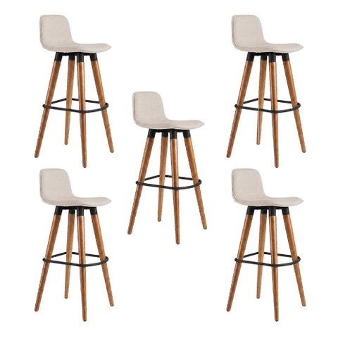 Kit 5 Banquetas Linea Alta Luxo Aço Preto Assento Linho para Balcão Gourmet Industrial - Preto/Palha