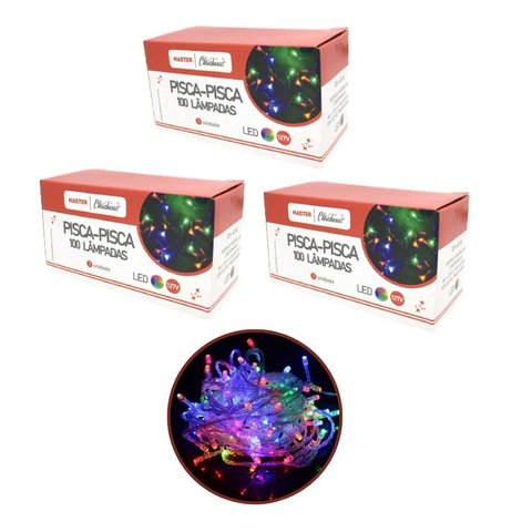 Kit 3 Pisca Pisca 100 Lâmpadas Led Colorido Fio Transparente 8 Funções 127v Total 300 Lâmpadas - Mas