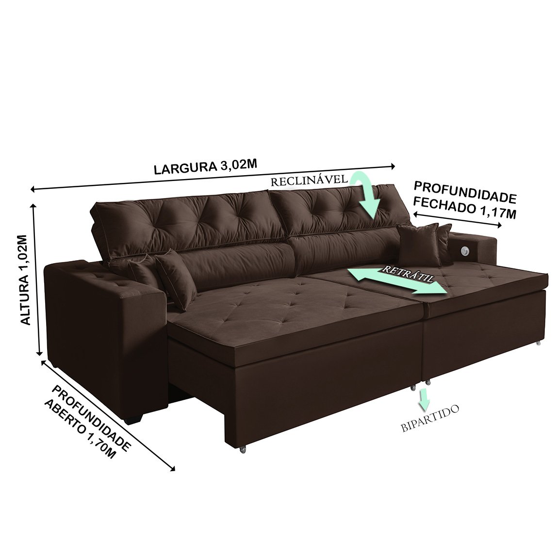 Sofá 5 Lugares Smart Marrom Retrátil, Reclinável 3,02 Metros Tecnologia Carregamento 3 portas USB - 5