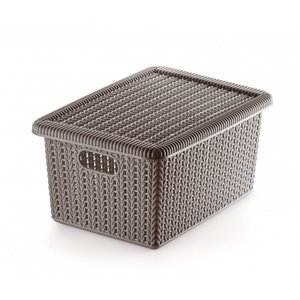 Cesto Trançado Plástico com Tampa Organizador Marrom - P