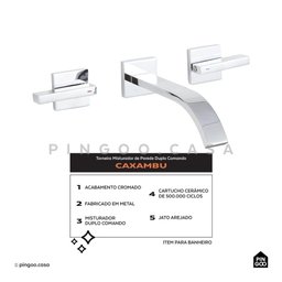 Torneira para Banheiro Misturador de Parede Duplo Comando Caxambu Pingoo.casa - Prata Cromado - 2
