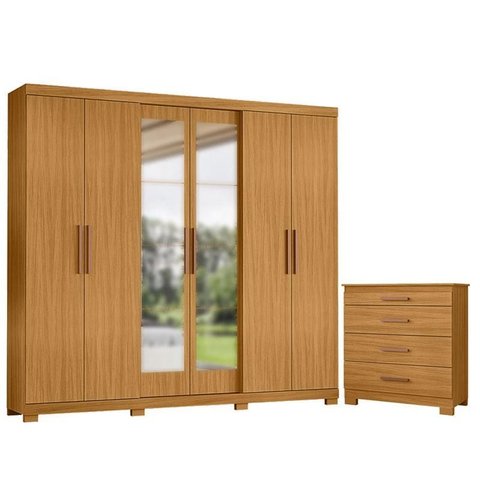Cômoda 4 Gavetas New e Guarda Roupa Casal San Diego com Espelho Carvalho Americano Tx -incorplac